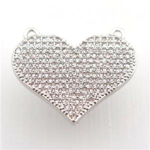 copper heart pendant pave zircon with 2loops, platinum plated, approx 20-23mm [FN11377]