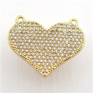 copper heart pendant pave zircon with 2loops, gold plated, approx 20-23mm [FN11378]