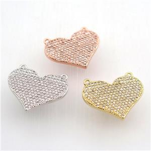 copper heart pendant pave zircon with 2loops, mixed color, approx 20-23mm [FN11380]