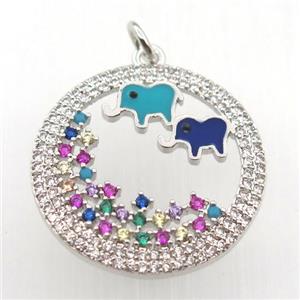 copper circle pendant pave zircon, elephant, platinum plated, approx 23mm dia [FN11381]