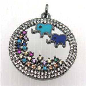 copper circle pendant pave zircon, elephant, black plated, approx 23mm dia [FN11383]