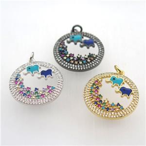 copper circle pendant pave zircon, elephant, mixed color, approx 23mm dia [FN11384]