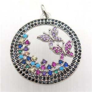 copper circle pendant pave zircon, butterfly, platinum plated, approx 23mm dia [FN11385]
