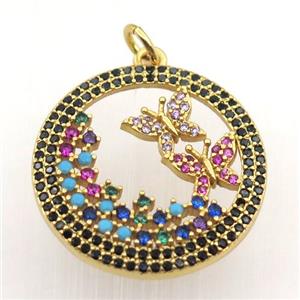 copper circle pendant pave zircon, butterfly, gold plated, approx 23mm dia [FN11386]