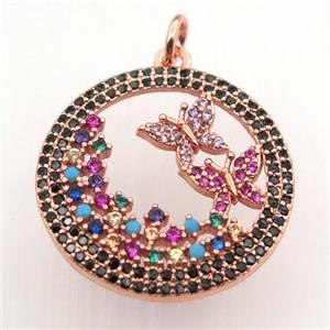 copper circle pendant pave zircon, butterfly, rose gold, approx 23mm dia [FN11387]