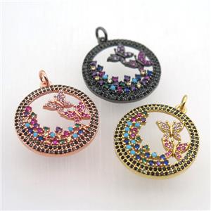 copper circle pendant pave zircon, butterfly, mixed color, approx 23mm dia [FN11389]
