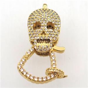 copper skull clasp pave zircon, gold plated, approx 17-35mm [FN11391]