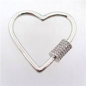 copper carabiner lock pave zircon, heart, platinum plated, approx 30mm dia [FN11395]