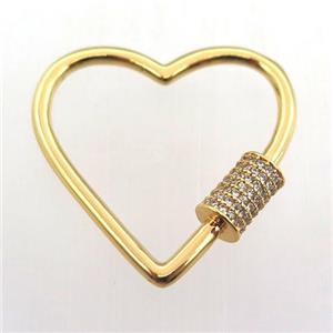 copper carabiner lock pave zircon, heart, gold plated, approx 30mm dia [FN11396]
