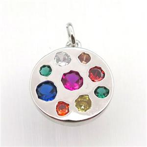 copper circle pendant pave zircon, platinum plated, approx 15mm dia [FN11409]