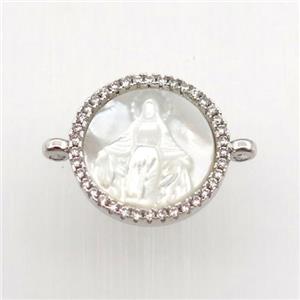 copper circle connector pave zircon with shell Jesu, platinum plated, approx 15mm dia [FN11417]