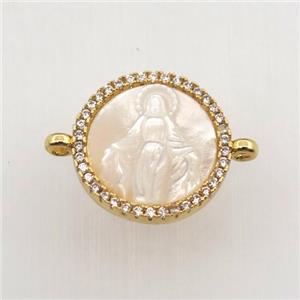 copper circle connector pave zircon with shell Jesu, gold plated, approx 15mm dia [FN11418]
