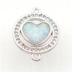 copper circle connector pave zircon with fire opal heart, platinum plated, approx 14mm dia [FN11420]