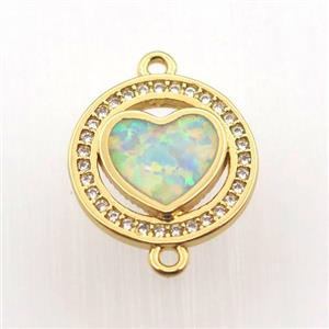 copper circle connector pave zircon with fire opal heart, gold plated, approx 14mm dia [FN11421]