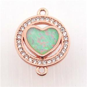 copper circle connector pave zircon with fire opal heart, rose gold, approx 14mm dia [FN11422]