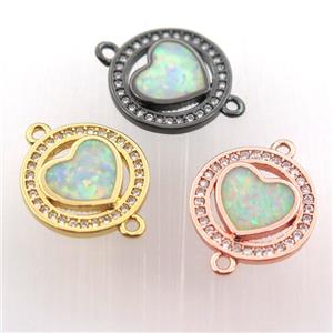 copper circle connector pave zircon with fire opal heart, mix color, approx 14mm dia [FN11424]