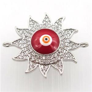 copper sun connector pave zircon with evil eye, platinum plated, approx 22mm dia [FN11428]