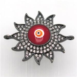 copper sun connector pave zircon with evil eye, black plated, approx 22mm dia [FN11431]