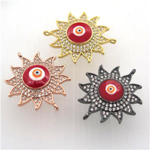 copper sun connector pave zircon with evil eye, mix color, approx 22mm dia [FN11432]