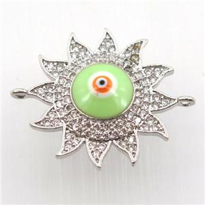 copper sun connector pave zircon with evil eye, platinum plated, approx 22mm dia [FN11433]