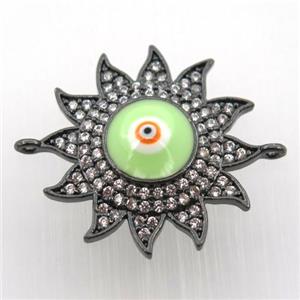 copper sun connector pave zircon with evil eye, black plated, approx 22mm dia [FN11435]