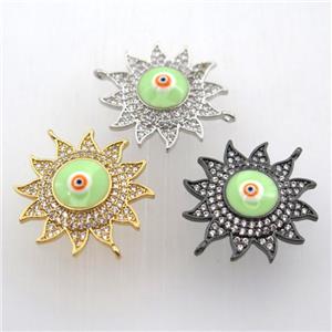 copper sun connector pave zircon with evil eye, mix color, approx 22mm dia [FN11436]