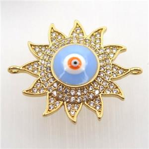 copper sun connector pave zircon with evil eye, gold plated, approx 22mm dia [FN11438]
