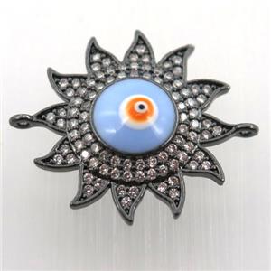 copper sun connector pave zircon with evil eye, black plated, approx 22mm dia [FN11439]