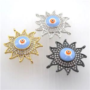 copper sun connector pave zircon with evil eye, mix color, approx 22mm dia [FN11440]