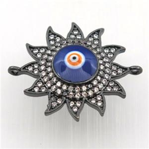 copper sun connector pave zircon with evil eye, black plated, approx 22mm dia [FN11443]