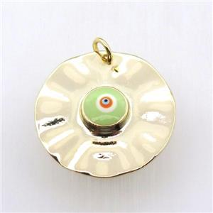 copper circle pendant with green evil eye, gold plated, approx 30mm dia [FN11455]