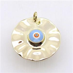 copper circle pendant with blue evil eye, gold plated, approx 30mm dia [FN11456]