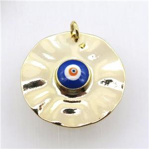 copper circle pendant with blue evil eye, gold plated, approx 30mm dia [FN11457]