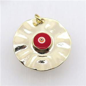 copper circle pendant with red evil eye, gold plated, approx 30mm dia [FN11458]