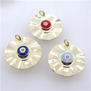 copper circle pendant with evil eye, gold plated, mixed, approx 30mm dia [FN11459]