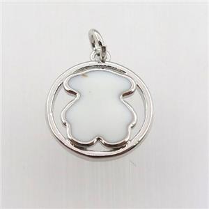 copper circle pendant with white enameling bear, platinum plated, approx 15mm dia [FN11460]