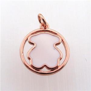 copper circle pendant with white enameling bear, rose gold, approx 15mm dia [FN11462]