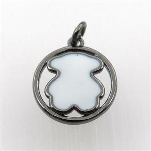 copper circle pendant with white enameling bear, black plated, approx 15mm dia [FN11463]