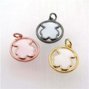 copper circle pendant with white enameling bear, mix color, approx 15mm dia [FN11464]