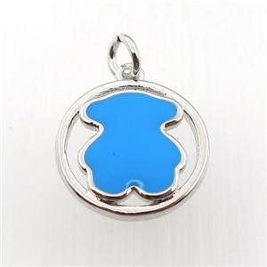 copper circle pendant with blue enameling bear, platinum plated, approx 15mm dia [FN11465]