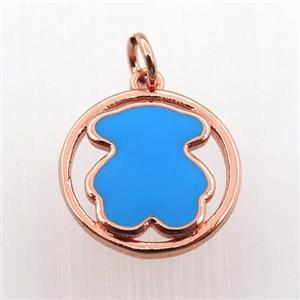 copper circle pendant with blue enameling bear, rose gold, approx 15mm dia [FN11467]