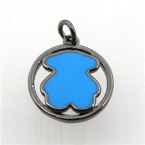 copper circle pendant with blue enameling bear, black plated, approx 15mm dia [FN11468]