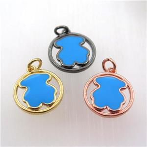 copper circle pendant with blue enameling bear, mix color, approx 15mm dia [FN11469]