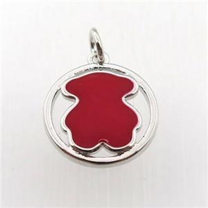 copper circle pendant red blue enameling bear, platinum plated, approx 15mm dia [FN11470]