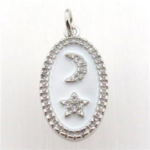 copper oval pendant pave zircon with moon star, platinum plated, approx 12-20mm [FN11475]