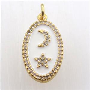 copper oval pendant pave zircon with moon star, gold plated, approx 12-20mm [FN11476]