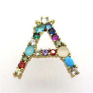 copper A-letter pendant paved zircon with 2loops, gold plated, approx 15-23mm [FN11482]