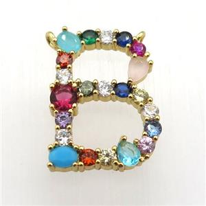copper B-letter pendant paved zircon with 2loops, gold plated, approx 15-23mm [FN11483]