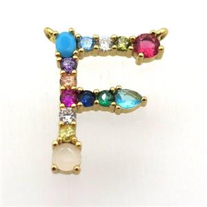 copper F-letter pendant paved zircon with 2loops, gold plated, approx 15-23mm [FN11487]