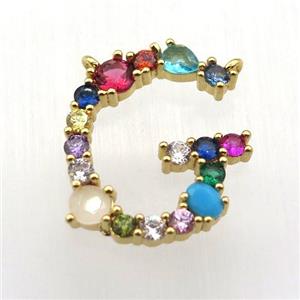 copper G-letter pendant paved zircon with 2loops, gold plated, approx 15-23mm [FN11488]